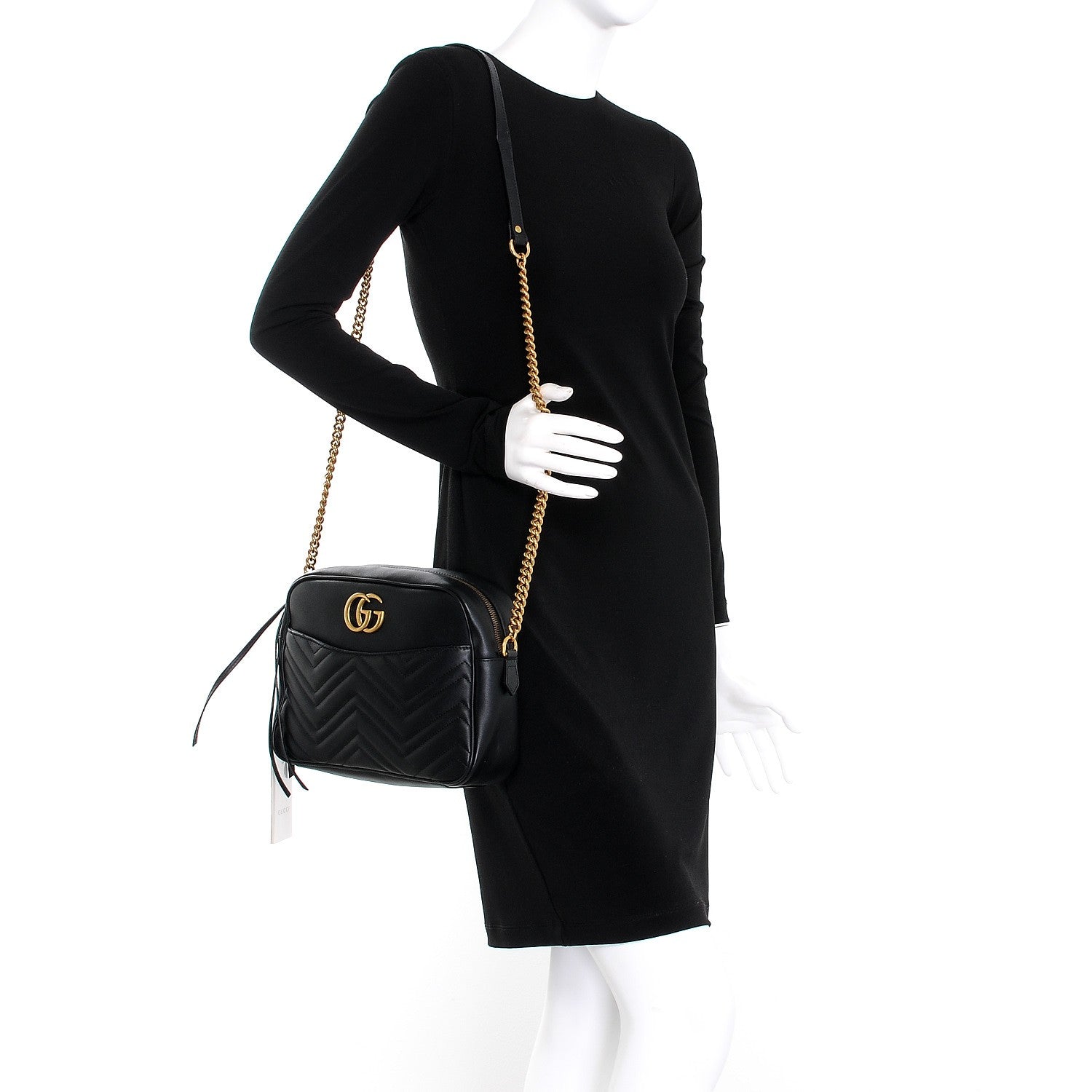 Gucci Calfskin Matelasse Medium GG Marmont Chain Shoulder Bag Black 2 of 7
