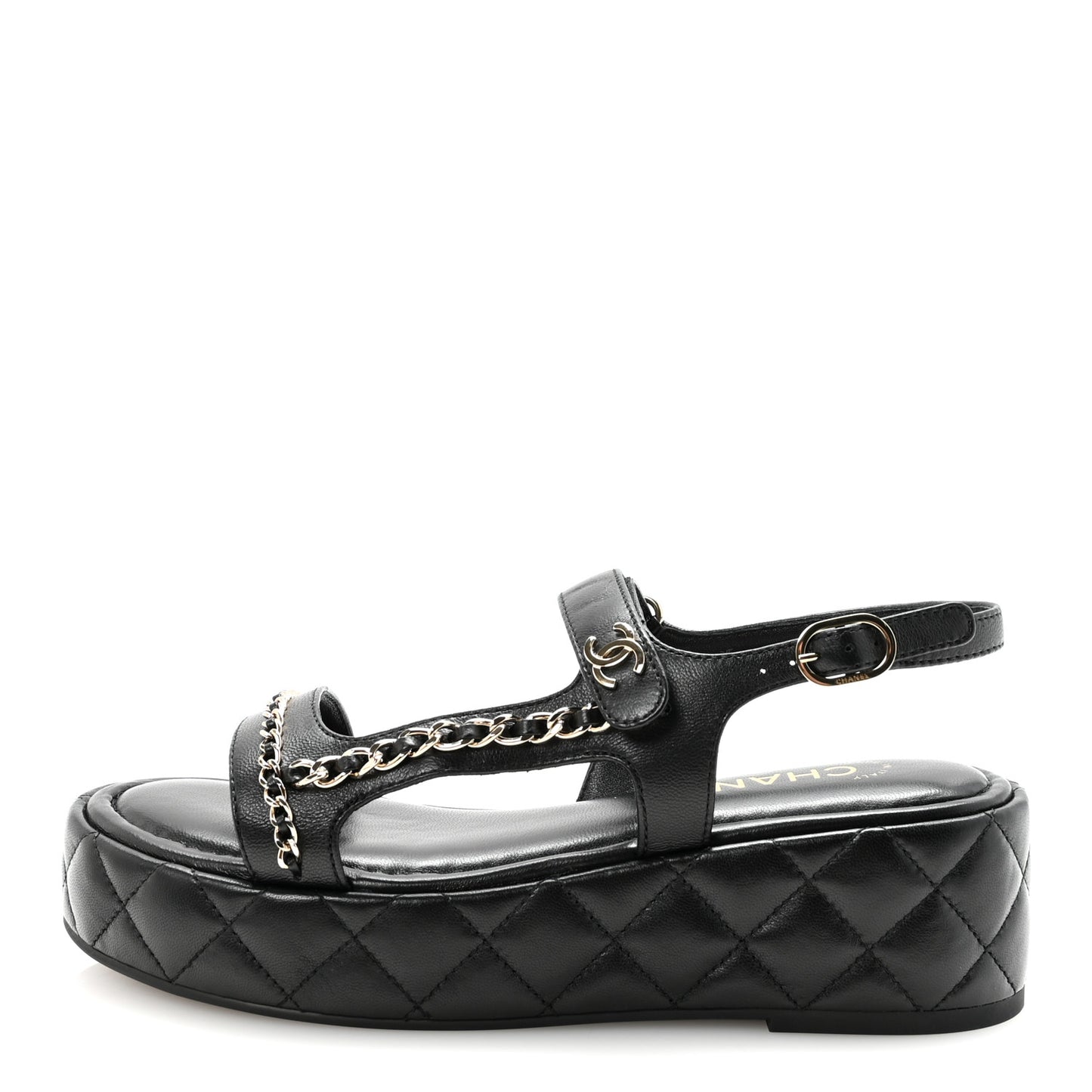 Lambskin Quilted Chain CC Platform Sandals 38.5 Black