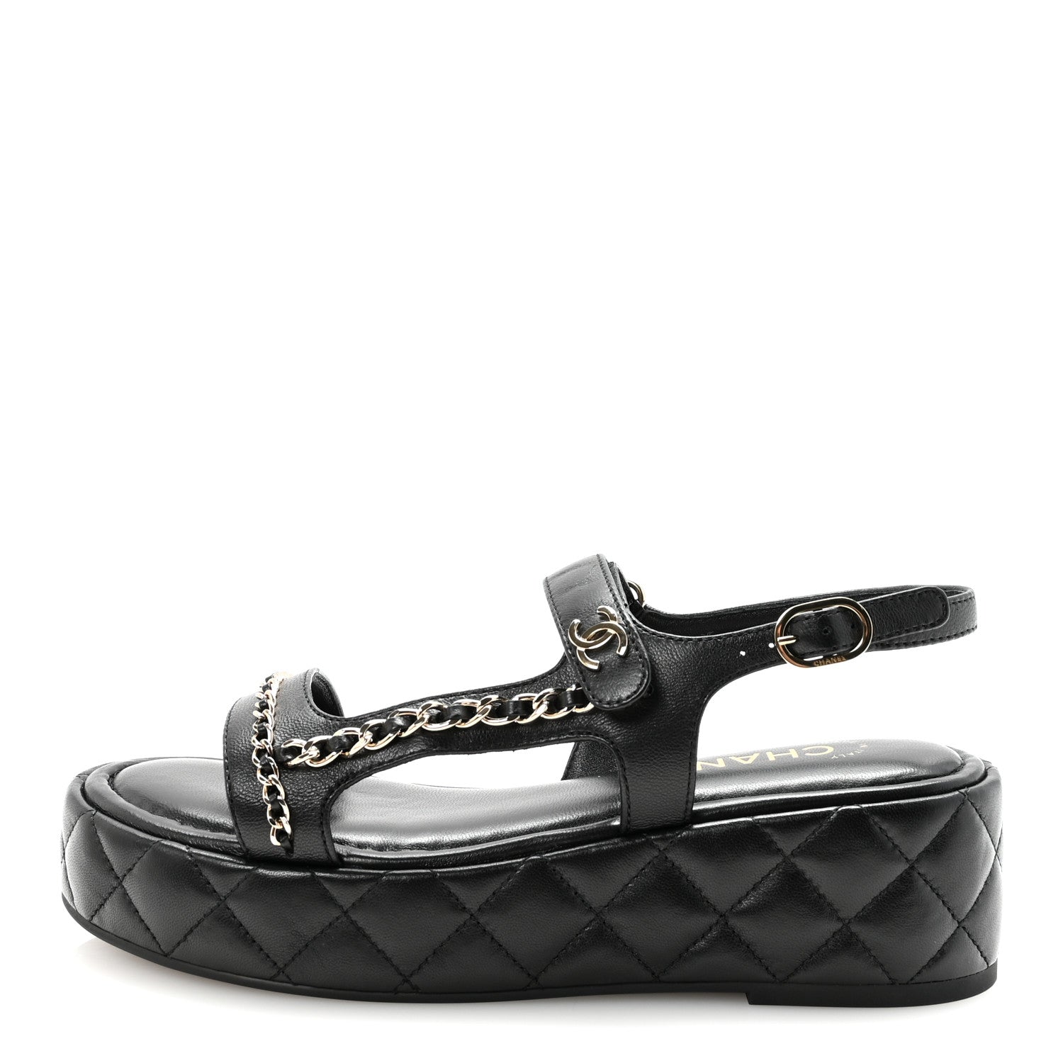 Chanel Lambskin Quilted Chain CC Platform Sandals 38.5 Black 1 of 10
