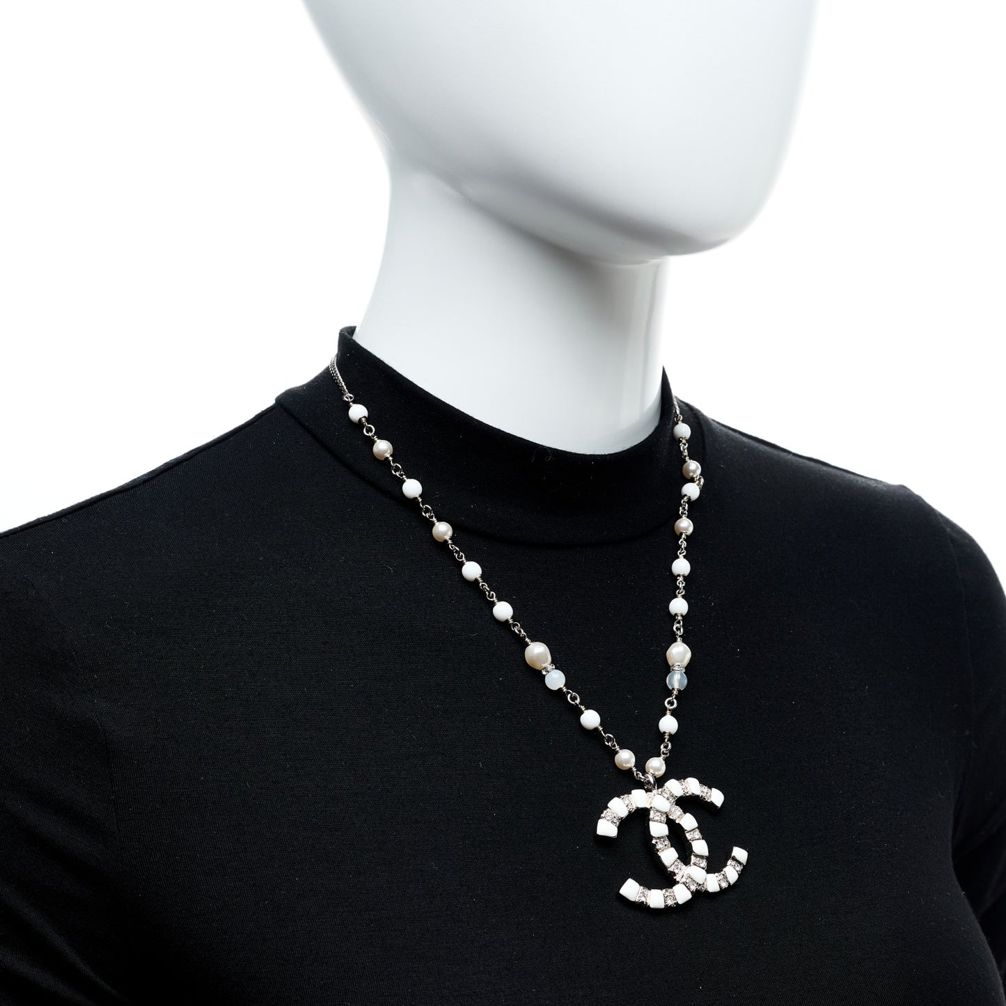 Pearl Resin Crystal Large CC Pendant Necklace Silver White
