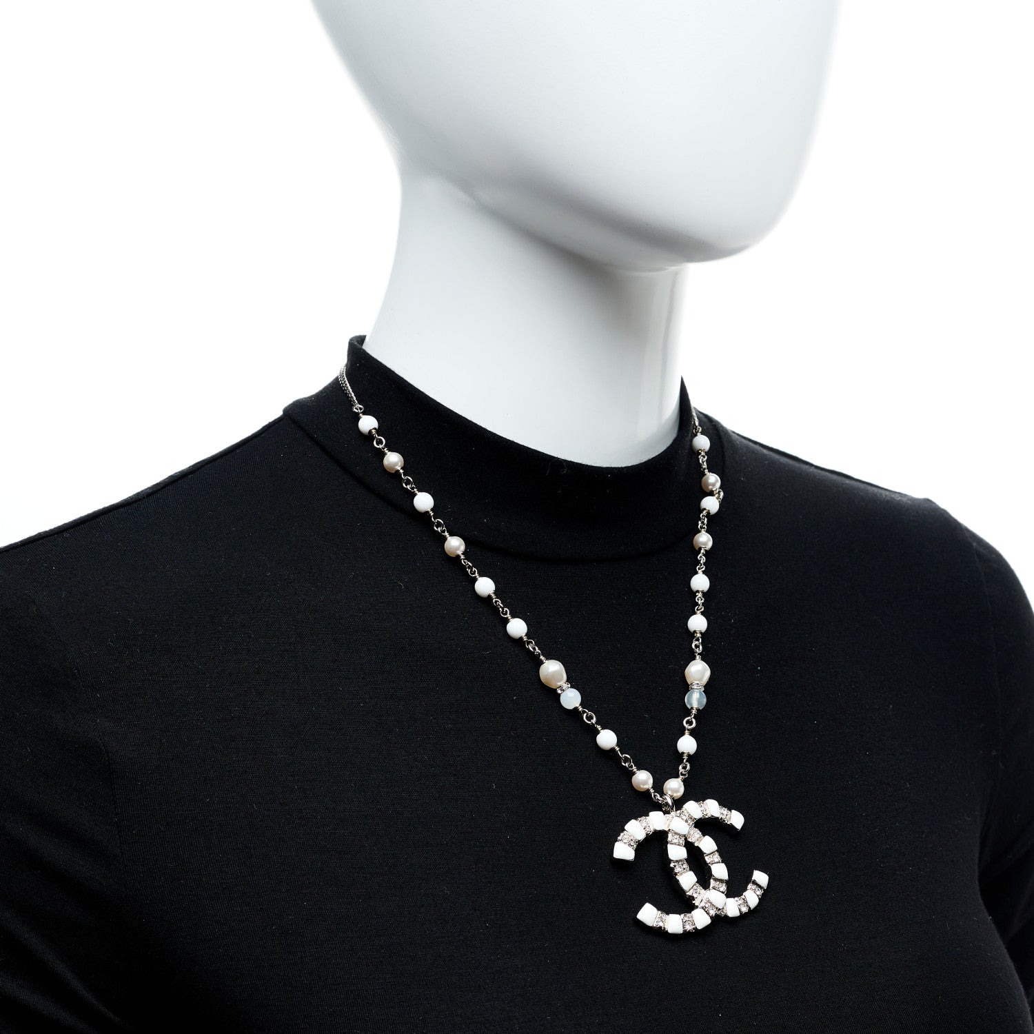 Chanel Pearl Resin Crystal Large CC Pendant Necklace Silver White 2 of 5