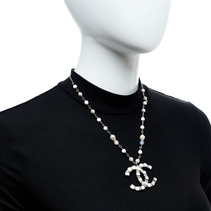 Chanel Pearl Resin Crystal Large CC Pendant Necklace Silver White 2 of 5