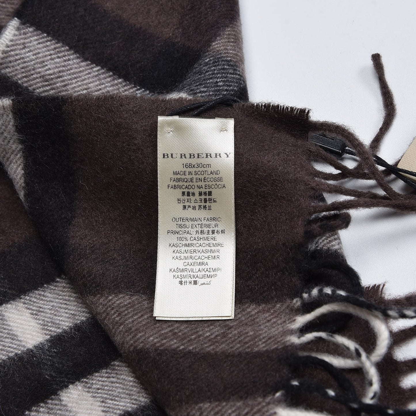 Cashmere Giant Check Fringe Scarf Bitter Chocolate