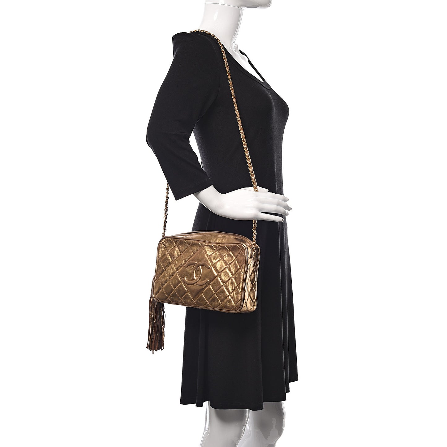 Metallic Lambskin Quilted Tassel Camera Case Gold