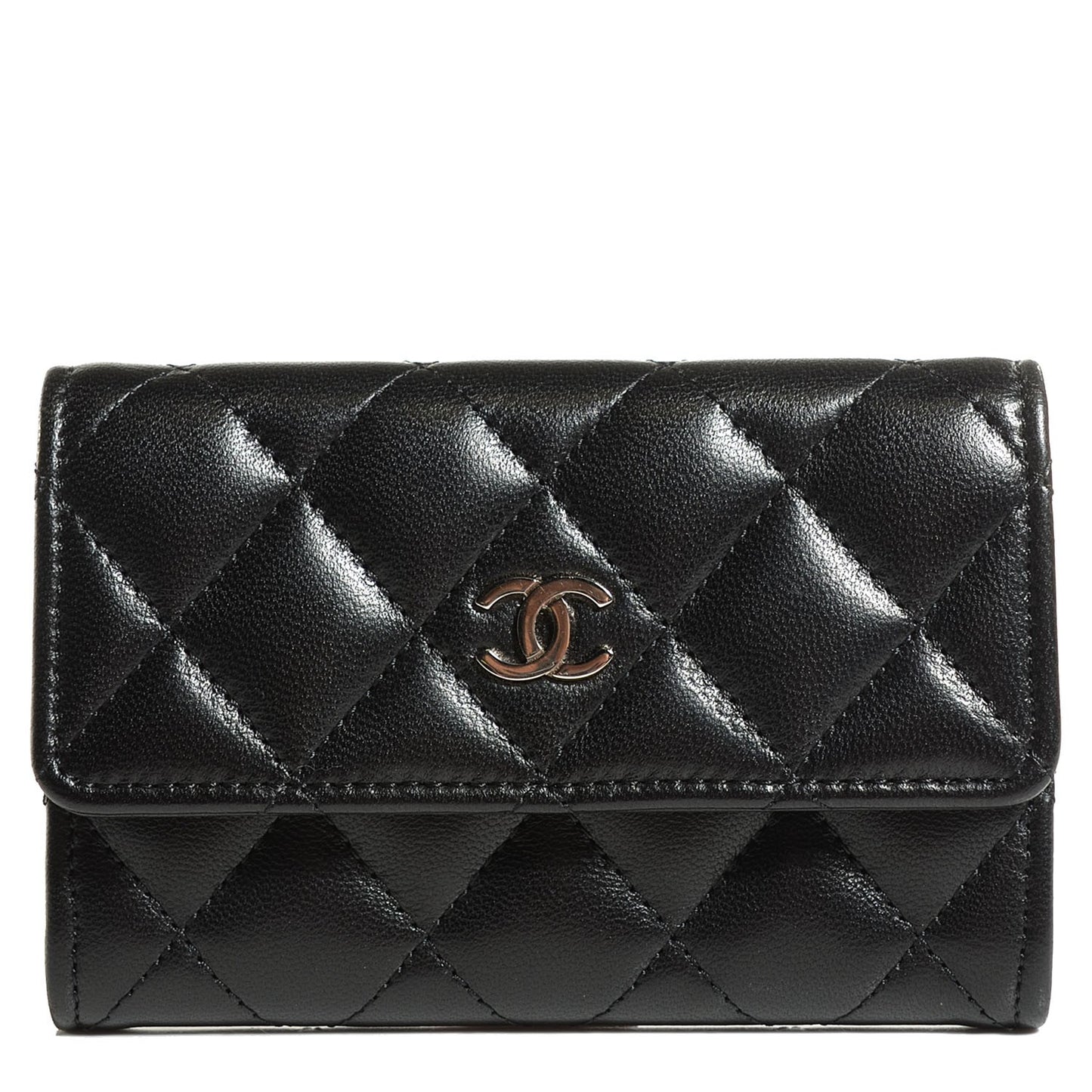 Lambskin Quilted Flap Card Holder Black