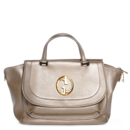 Gucci Metallic Pebbled Calfskin Medium 1973 Top Handle Satchel Golden Beige 1 of 8
