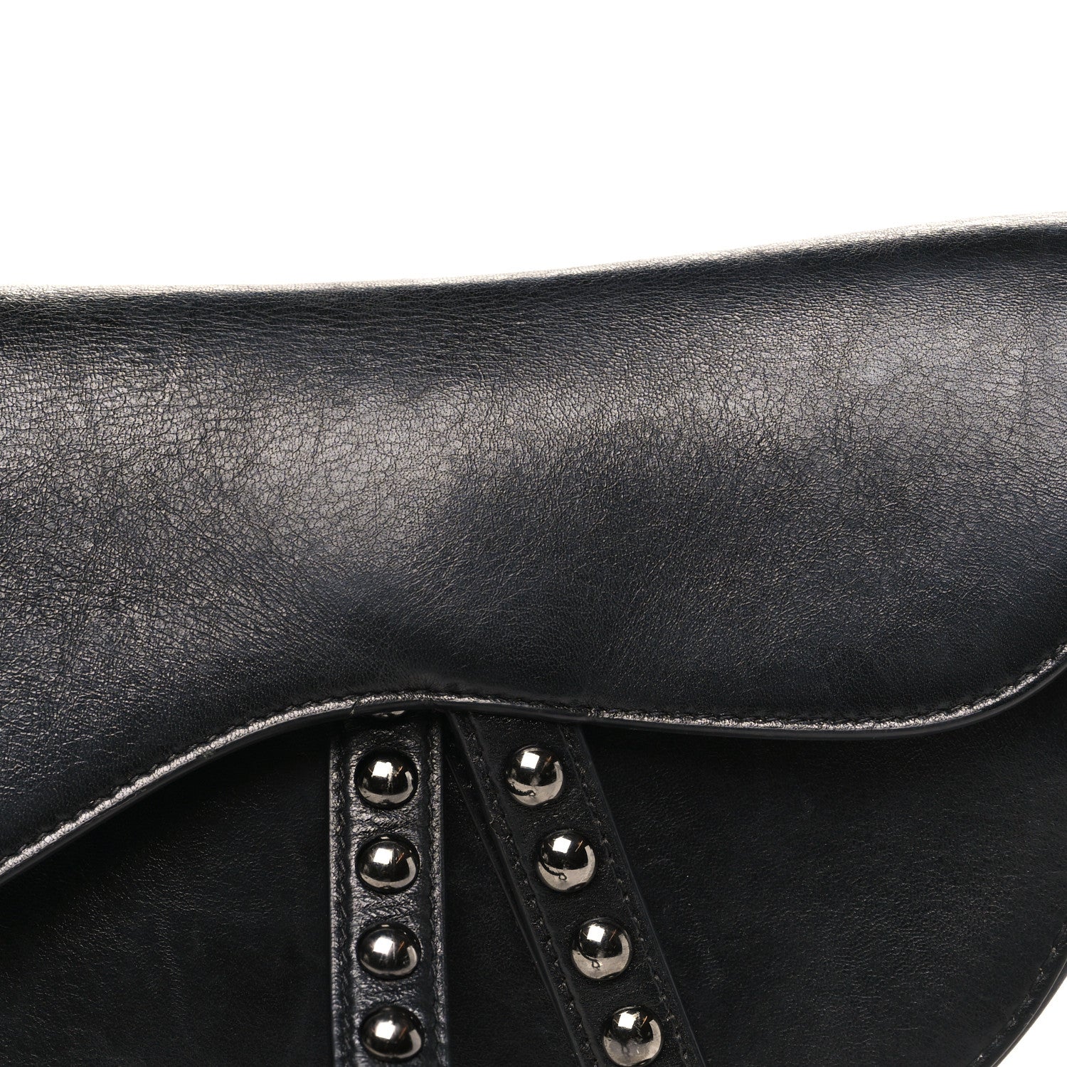 Christian Dior Shiny Crinkled Calfskin Studded Saddle Bag Black