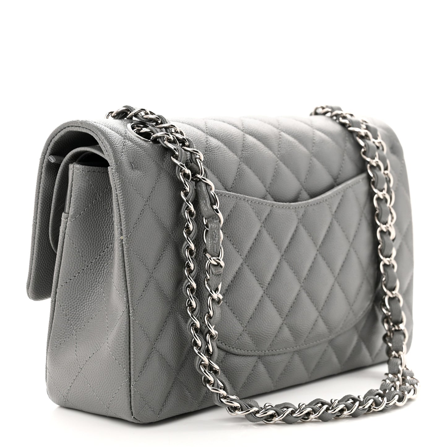 Caviar Quilted Medium Double Flap Grey