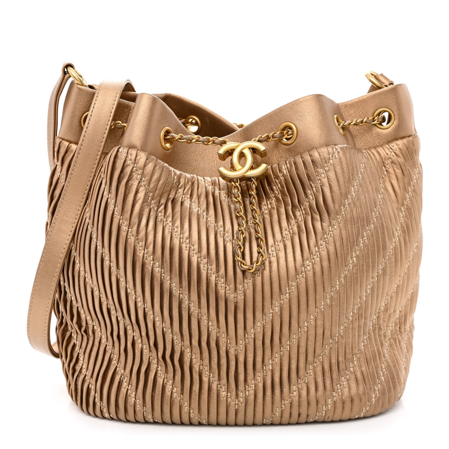 Metallic Lambskin Coco Pleats Drawstring Bag Gold