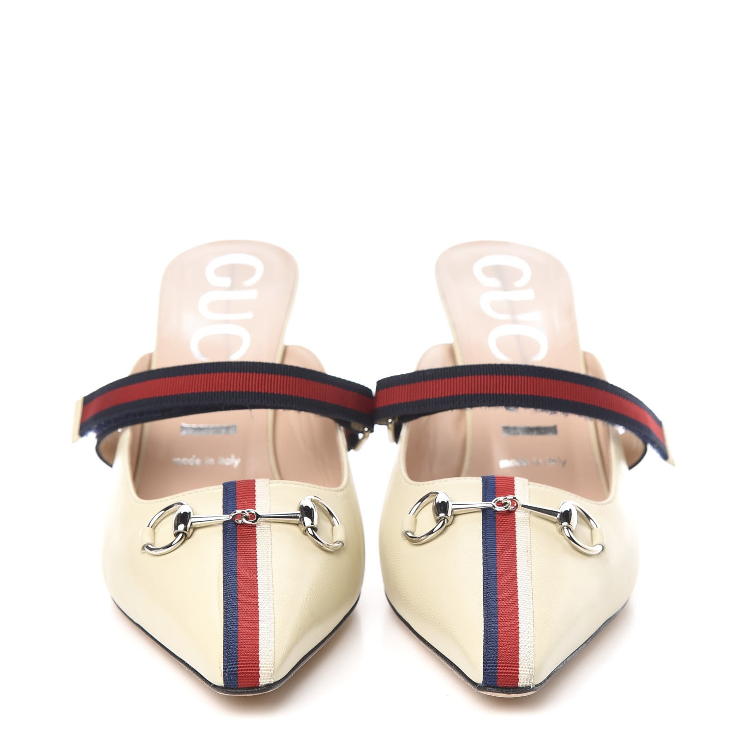 Gucci Malaga Kid Sylvie Web Cross Strap Mid-Heel Slides 39 Vintage White 2 of 9