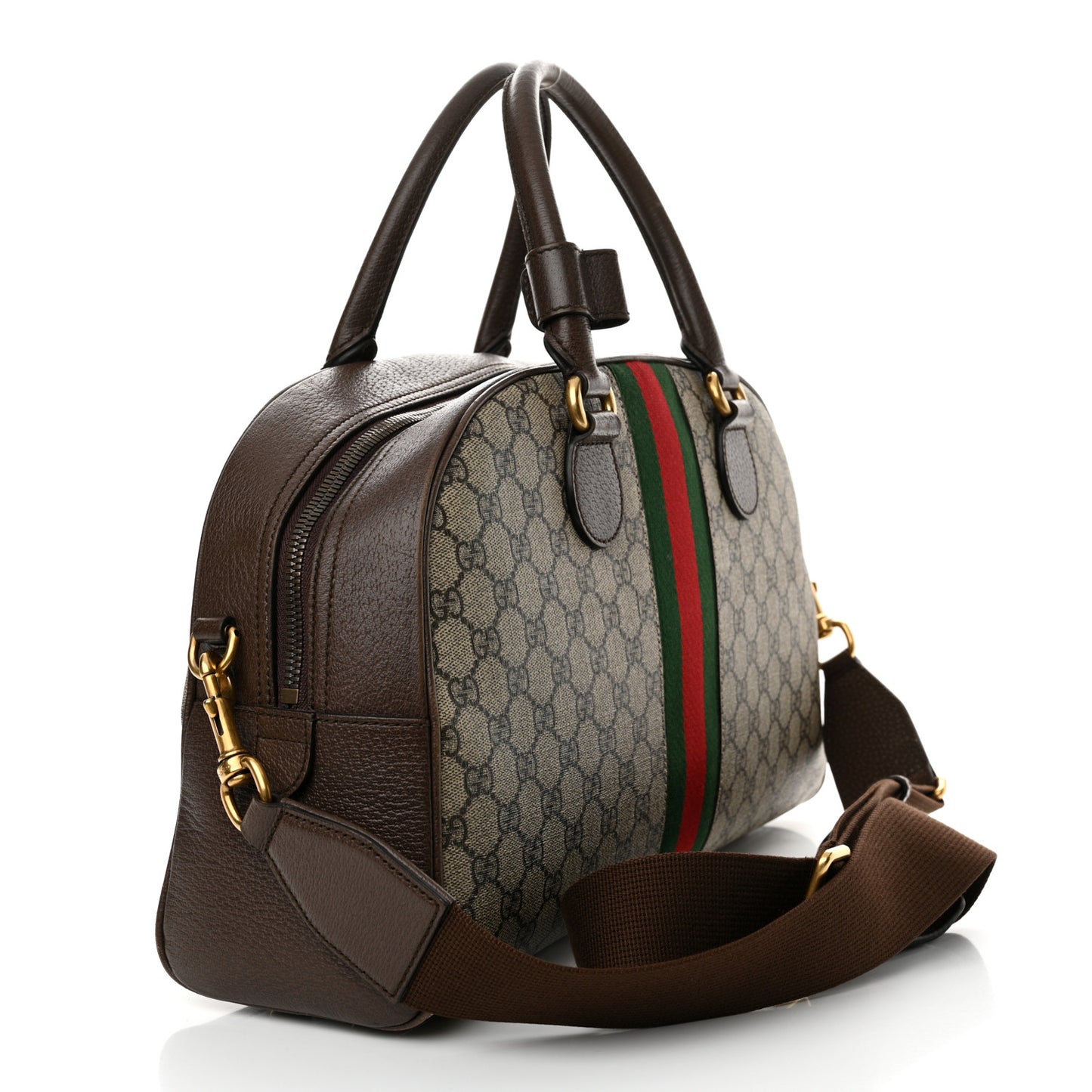 GG Supreme Monogram Textured Dollar Calfskin Web Medium Ophidia Top Handle Duffle Bag Beige Ebony New Acero