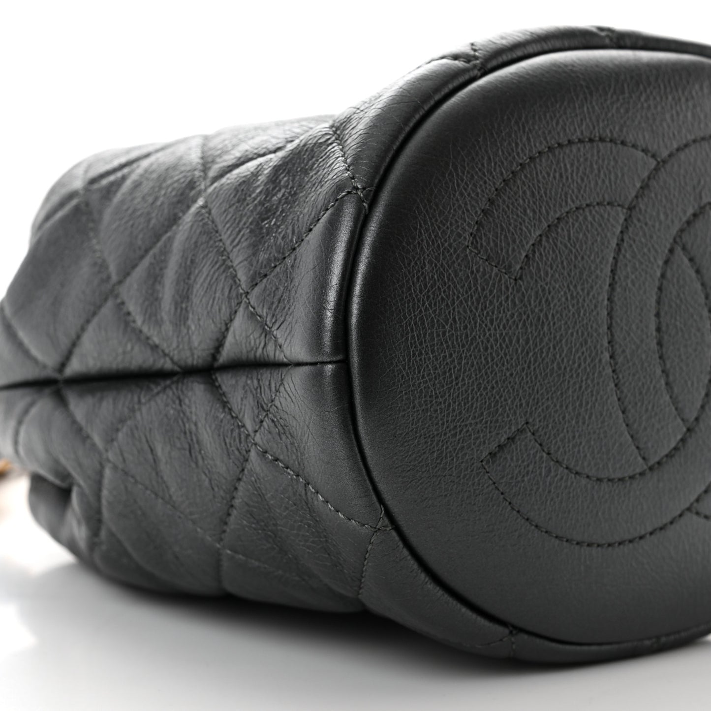 Metallic Lambskin Quilted Pearl Crown Drawstring Bag Anthracite
