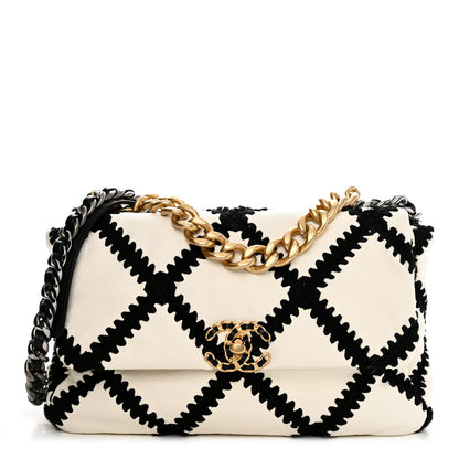 Chanel Calfskin Crochet Large Chanel 19 Flap White Black 1 of 11