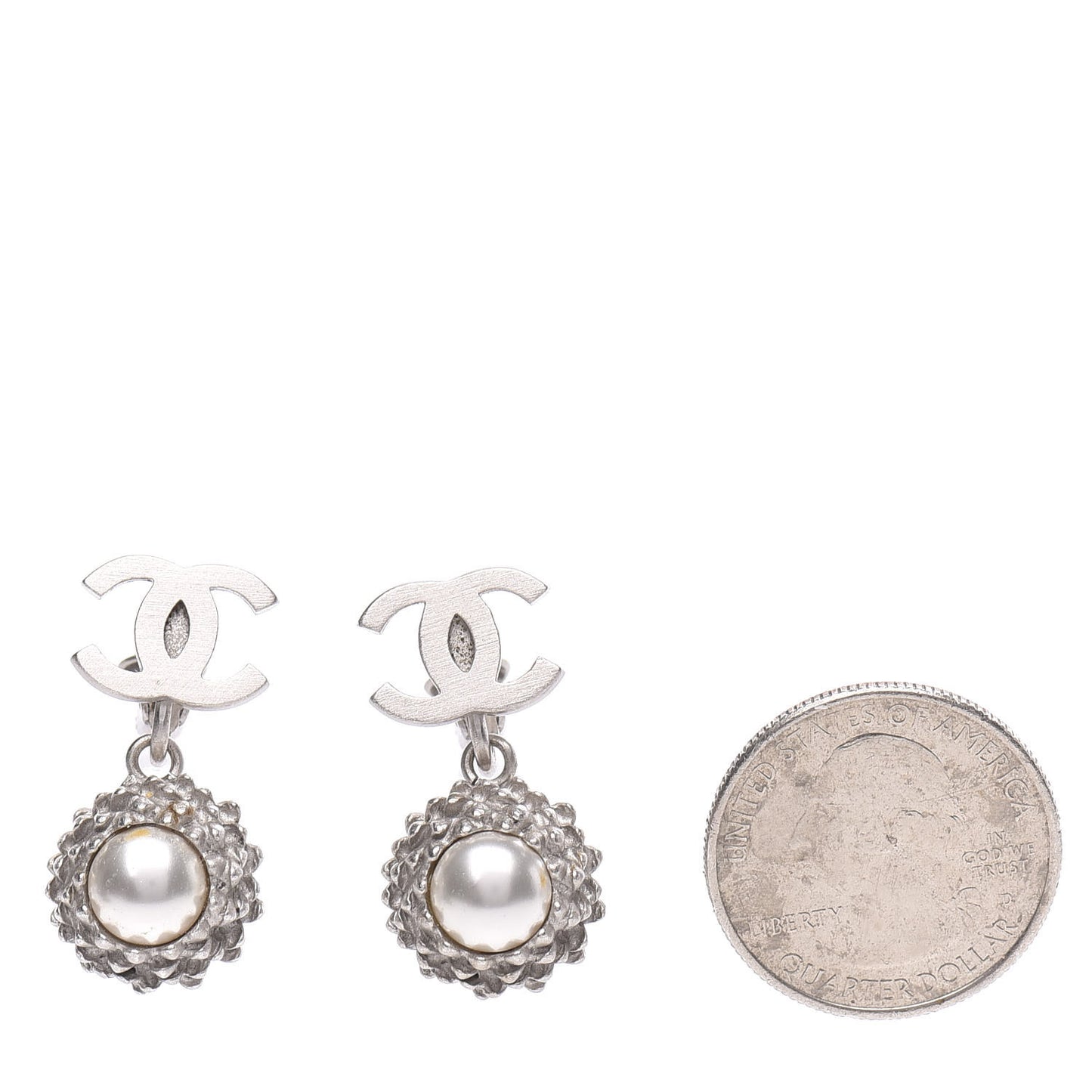 Pearl CC Drop Clip On Earrings Silver