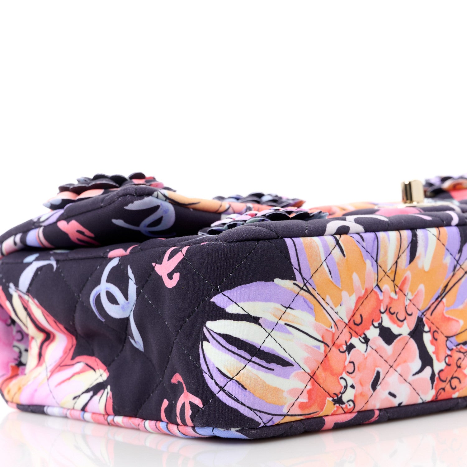 Chanel Printed Fabric Quilted Camellia Flap Black Multicolor 10 of 11