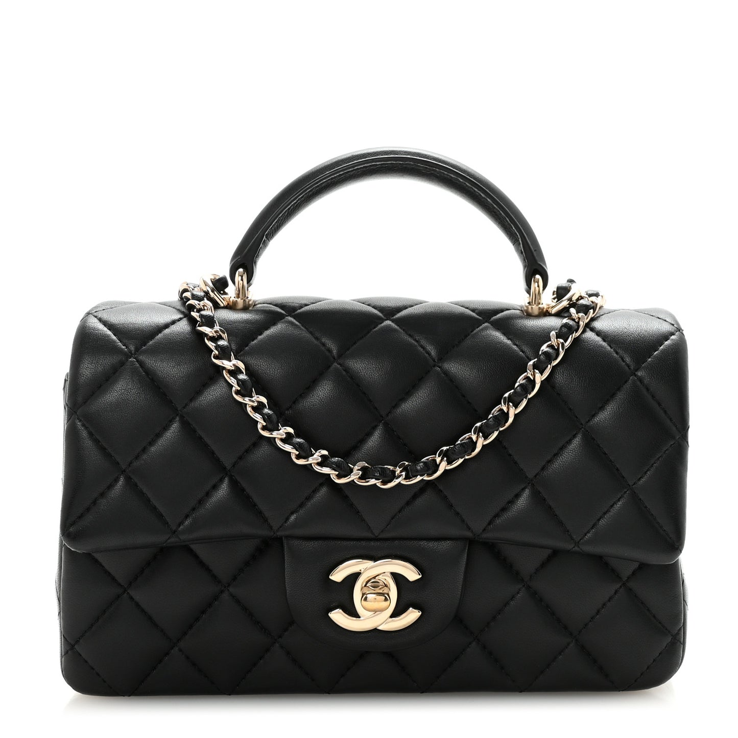 Lambskin Quilted Mini Top Handle Rectangular Flap Black