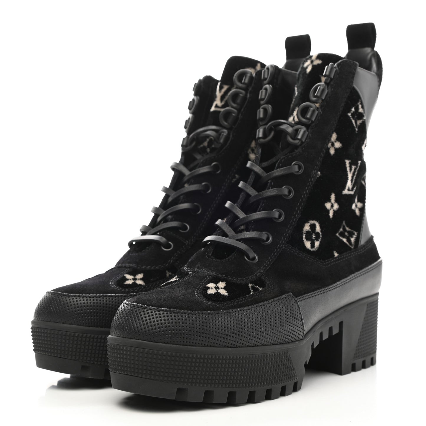 Velvet Calfskin Monogram Laureate Platform Desert Boots 38 Black White
