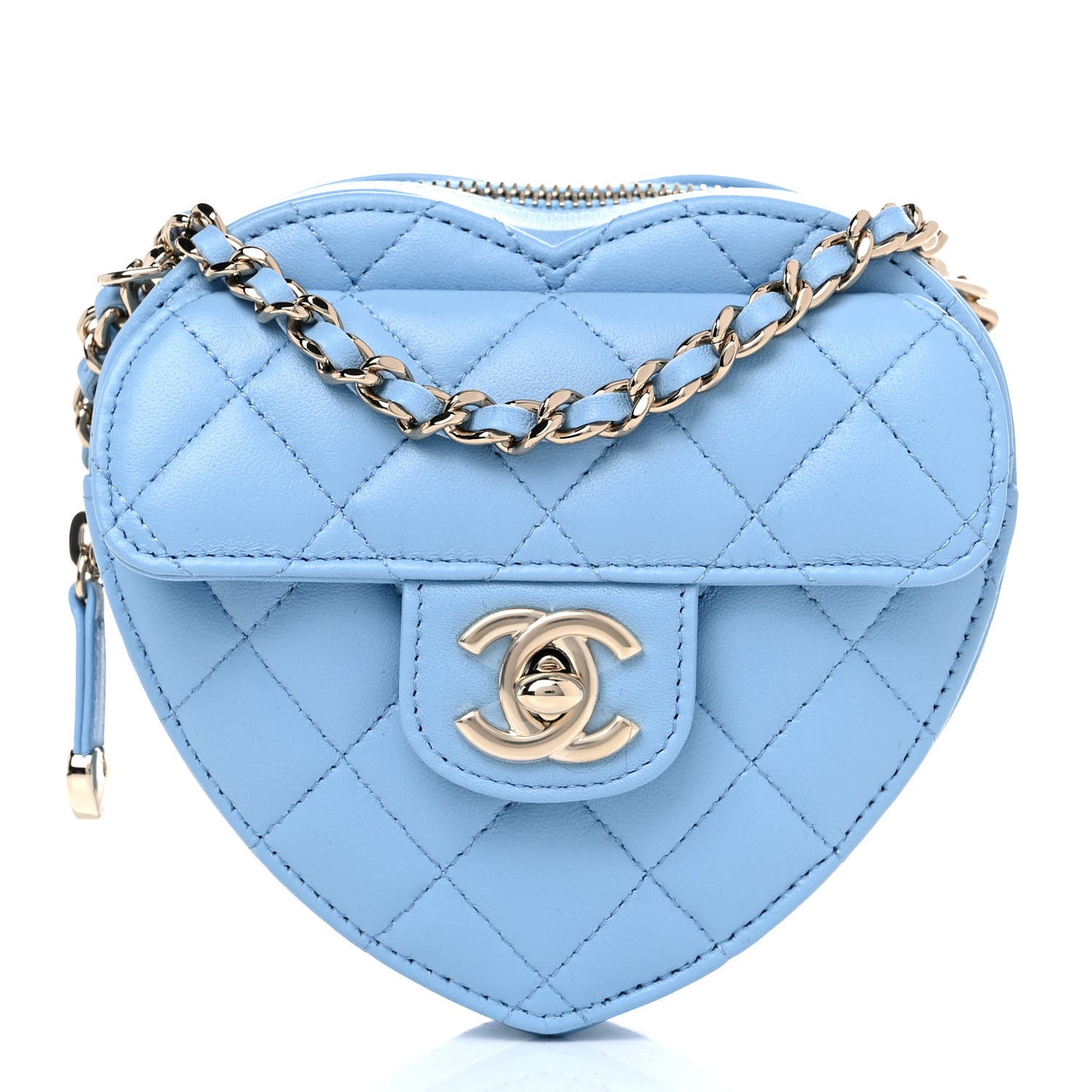 Lambskin Quilted CC In Love Heart Clutch With Chain Light Blue