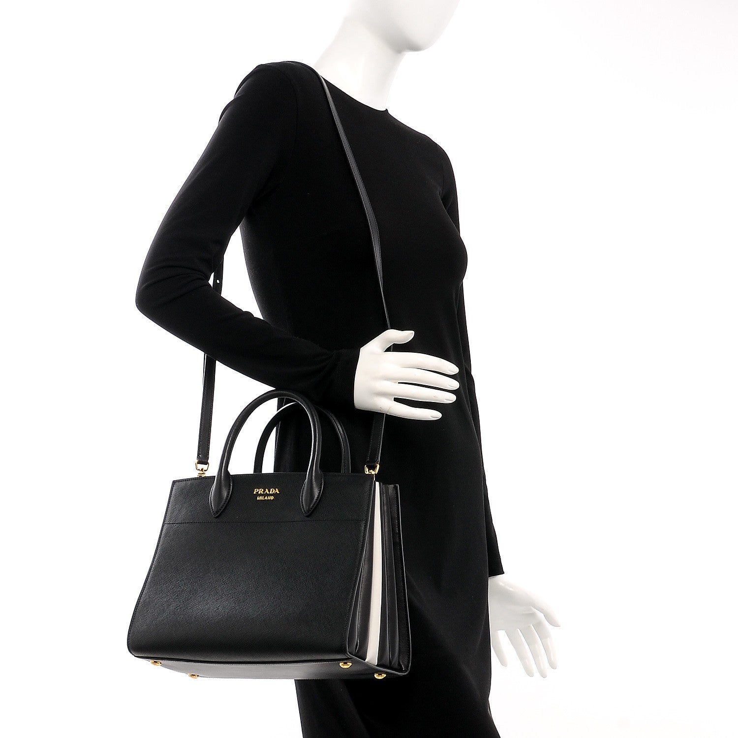 Prada Saffiano City Calfskin Medium Bibliothèque Top Handle Nero Black Bianco 2 of 6