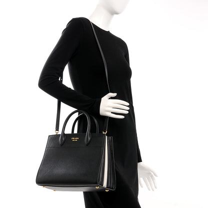 Prada Saffiano City Calfskin Medium Bibliothèque Top Handle Nero Black Bianco 2 of 6