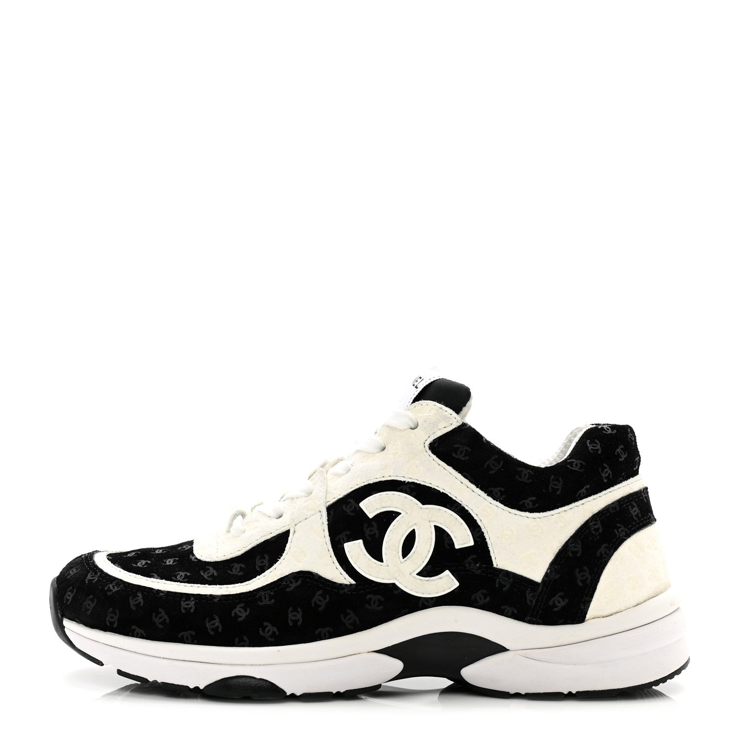 Chanel Nylon Suede Calfskin Printed CC Sneakers 38.5 White Black 1 of 9