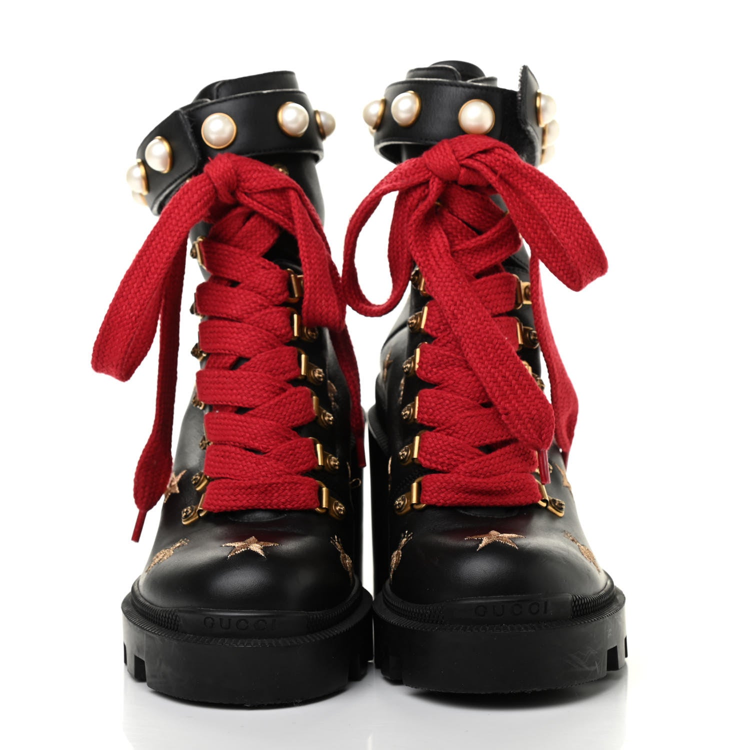 Gucci Calfskin Embroidered Lace Up Combat Ankle Boots 36 Black 2 of 14