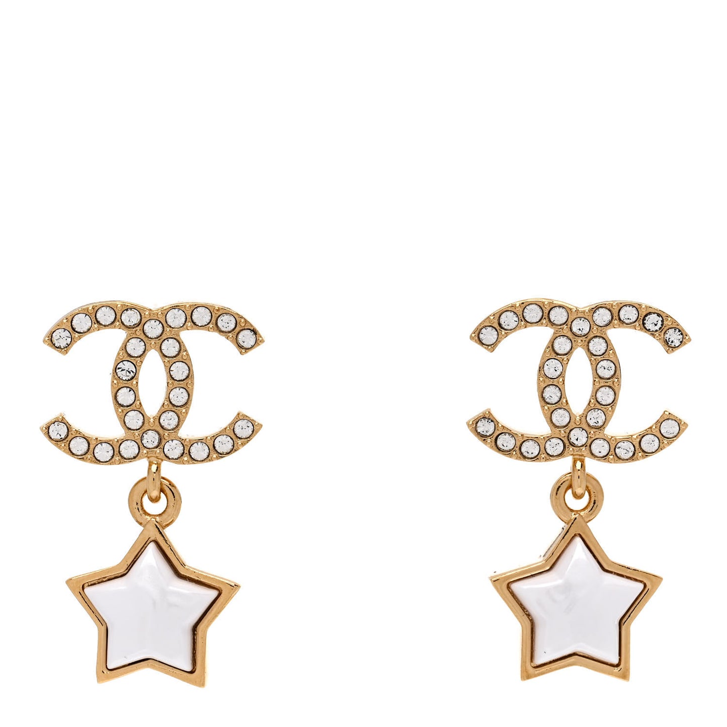 Metal Crystal Pearl CC Star Earrings Gold Pearly White