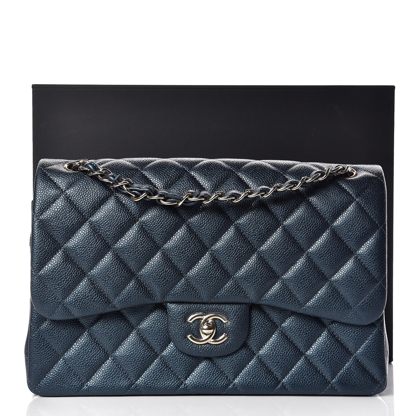 Iridescent Caviar Quilted Jumbo Double Flap Dark Blue