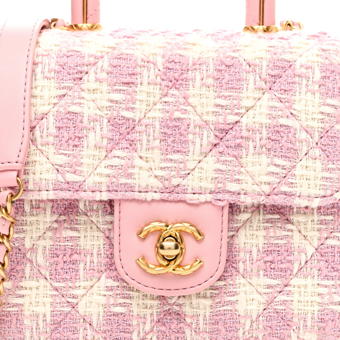 Tweed Handle Crush Top Handle Flap Bag Pink Ecru