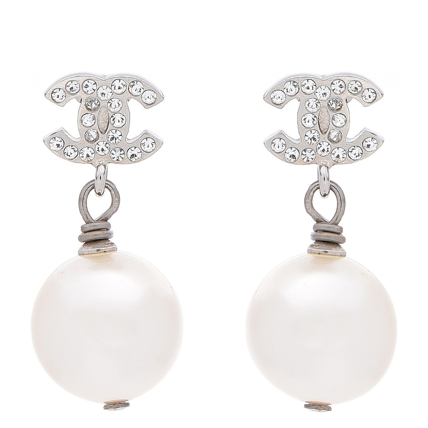 Crystal Pearl CC Drop Earrings Silver