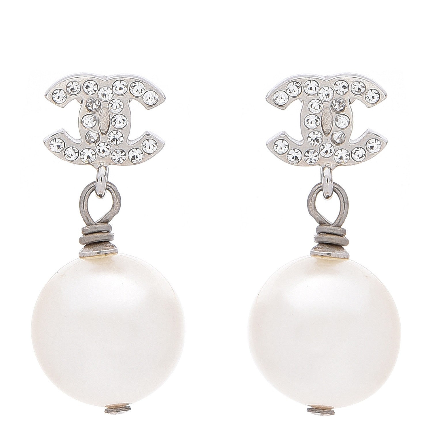 Chanel Crystal Pearl CC Drop Earrings Silver 1 of 4