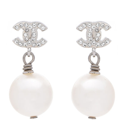 Chanel Crystal Pearl CC Drop Earrings Silver 1 of 4
