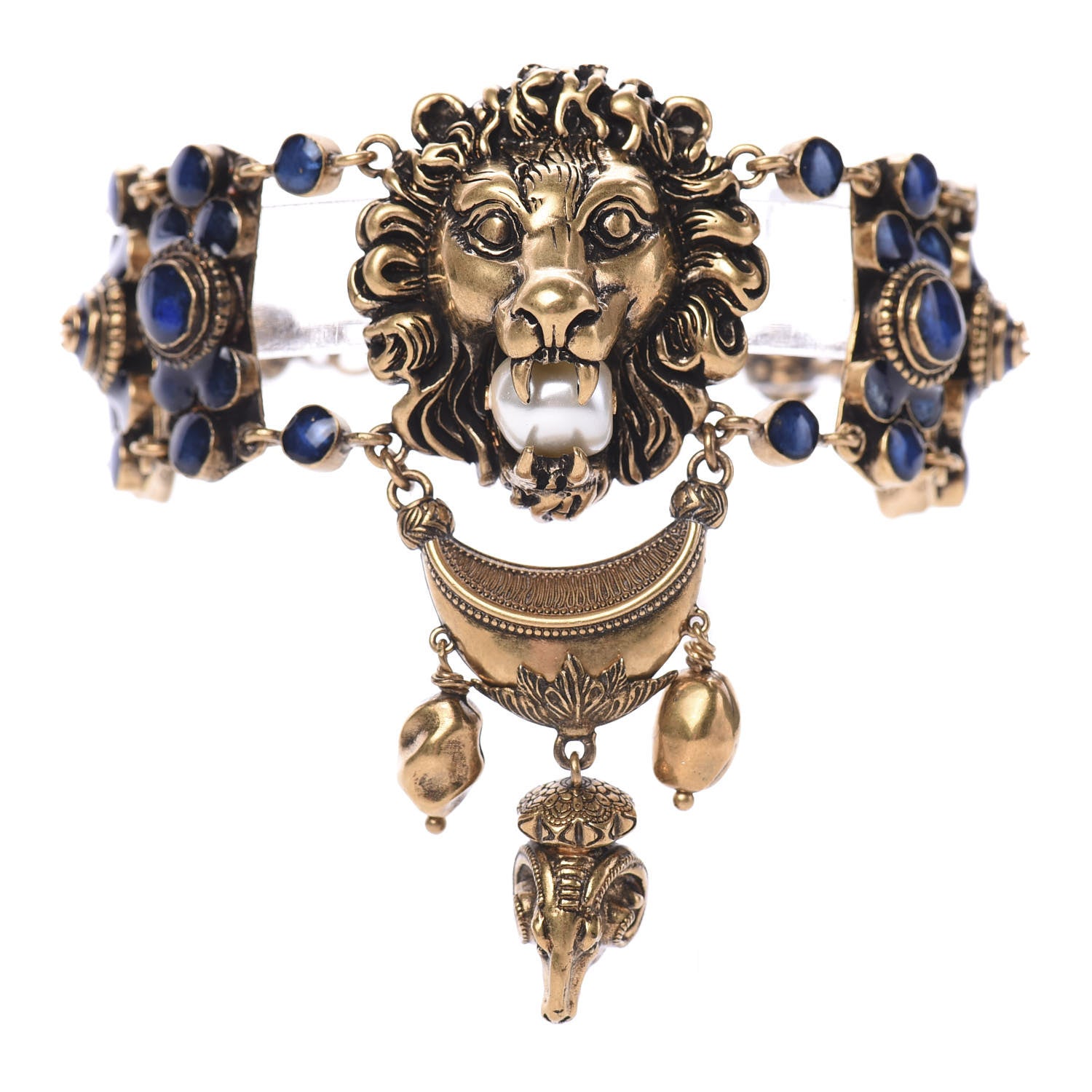 Gucci Metal Resin Pearl Lion Head Bracelet Aged Gold Blue 1 of 4