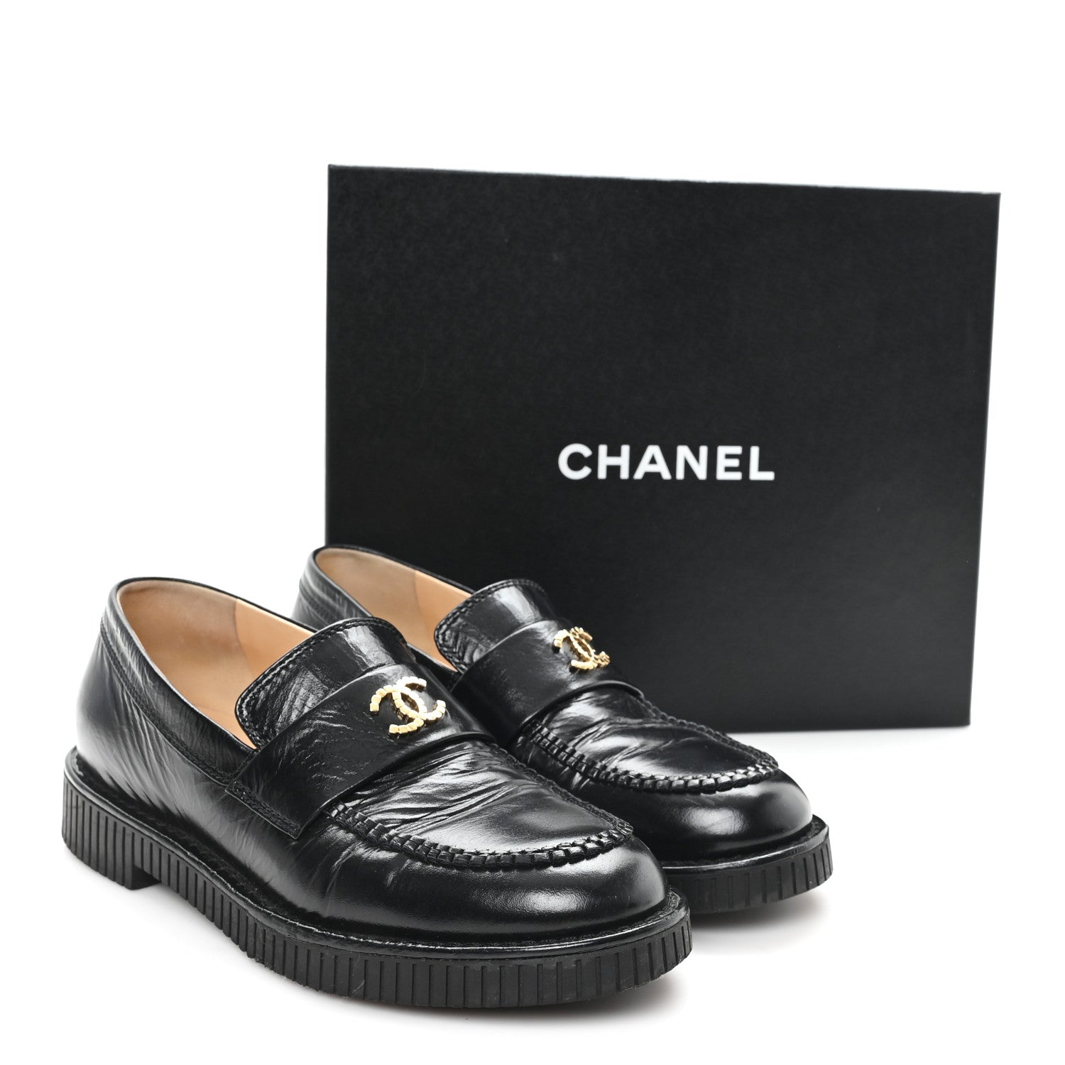 Chanel Shiny Crumpled Calfskin CC Mocassin Loafers 38.5 Black 10 of 11