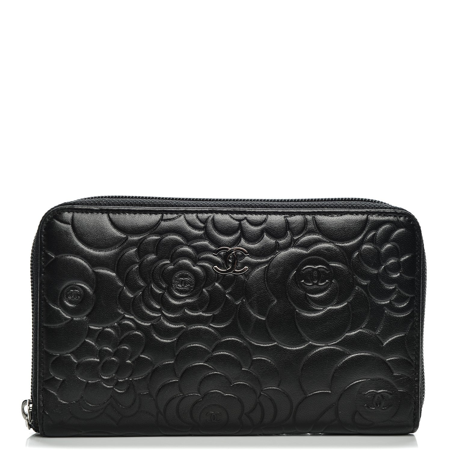 Chanel Lambskin Camellia Embossed Zip Around Organizer Wallet Black 1 of 9