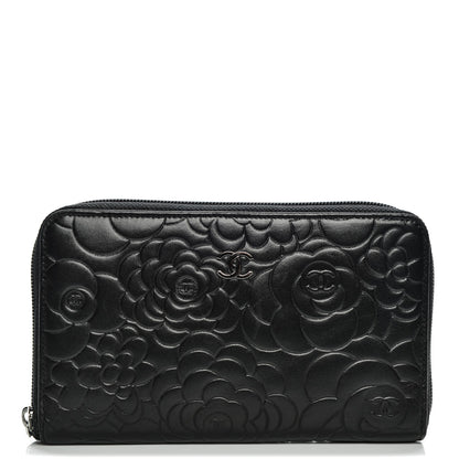 Chanel Lambskin Camellia Embossed Zip Around Organizer Wallet Black 1 of 9