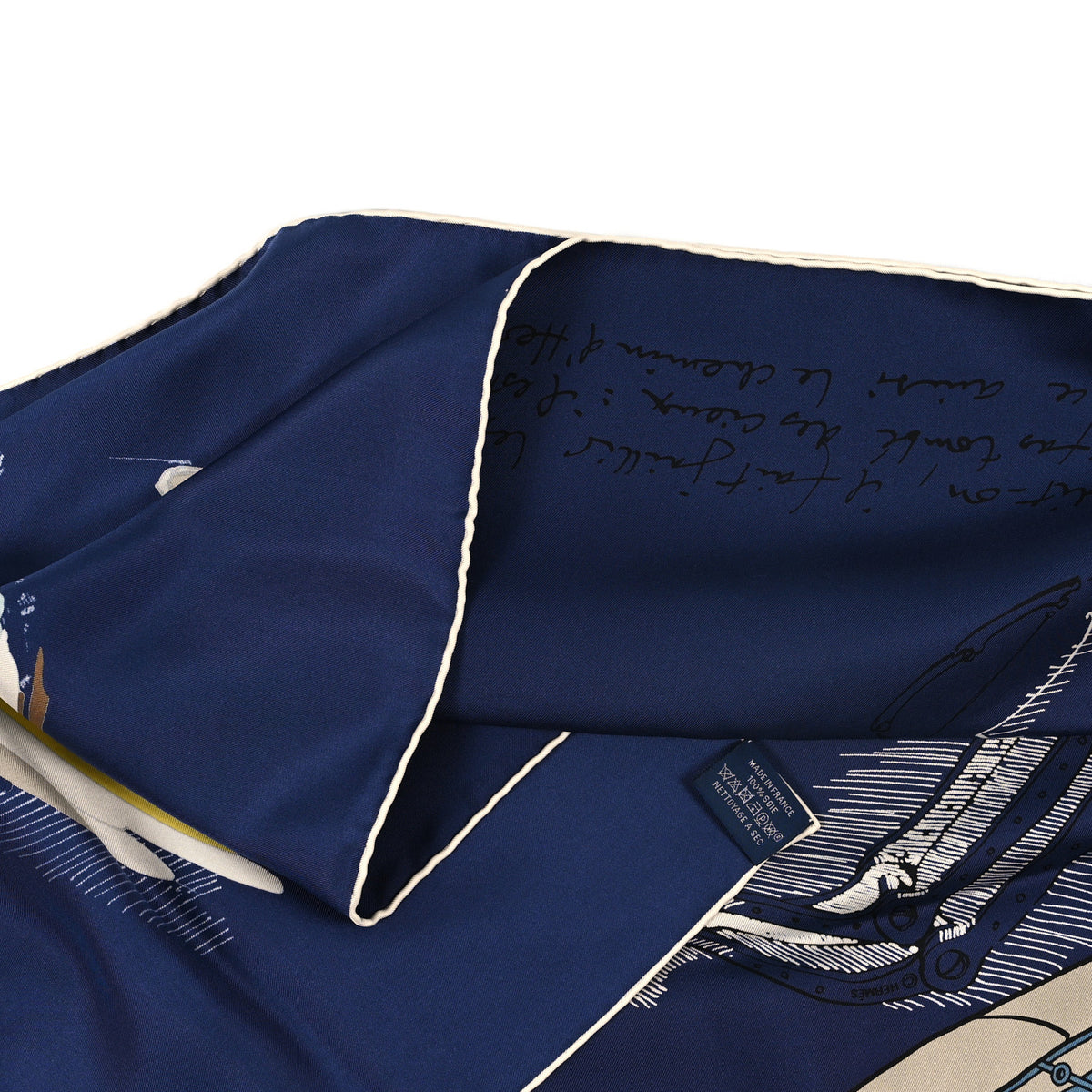 Silk Le Pegase D'Hermes Shawl 140 Bleu Marine Jaune White