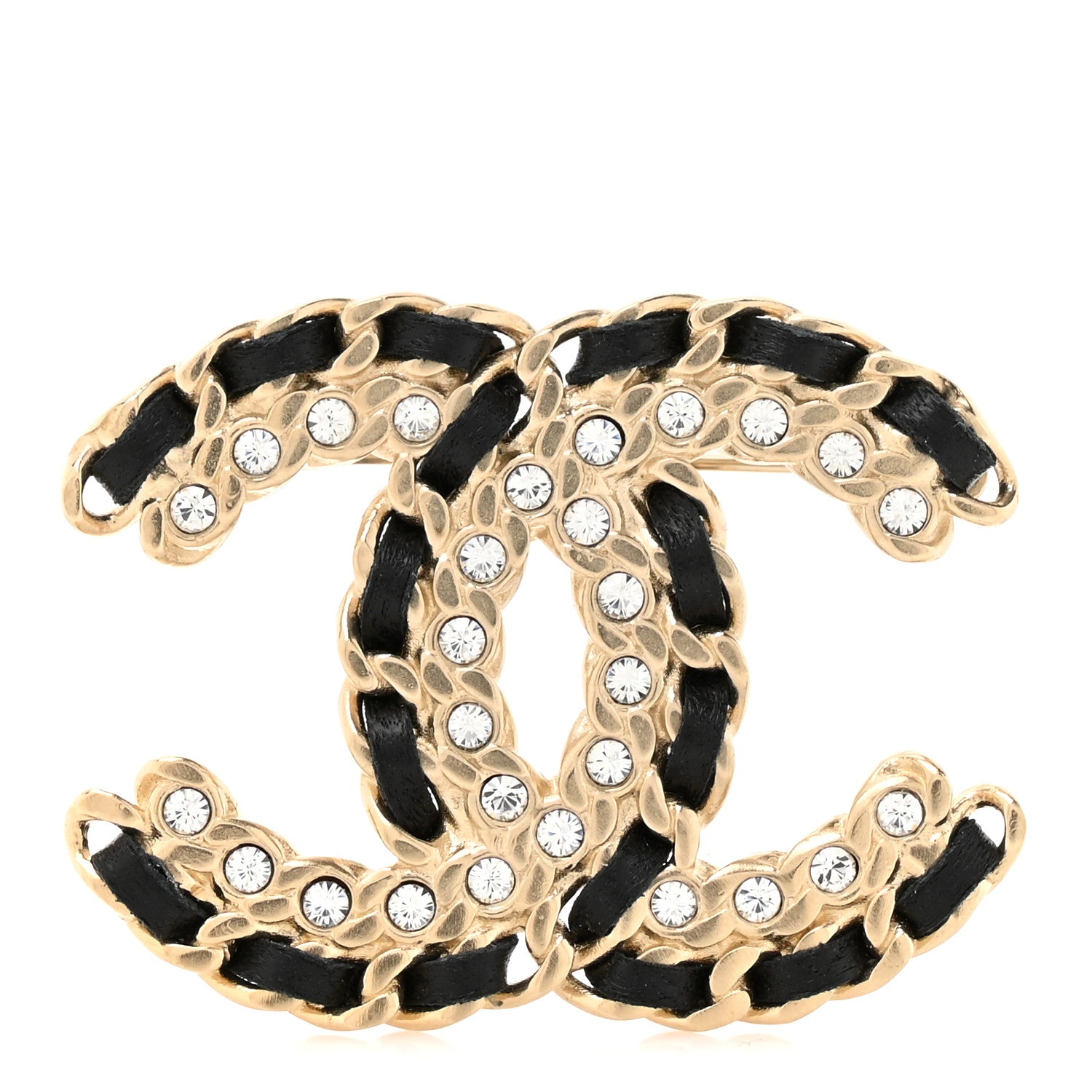 Chanel Lambskin Crystal Vintage Allure CC Chain Brooch Black Gold 1 of 4