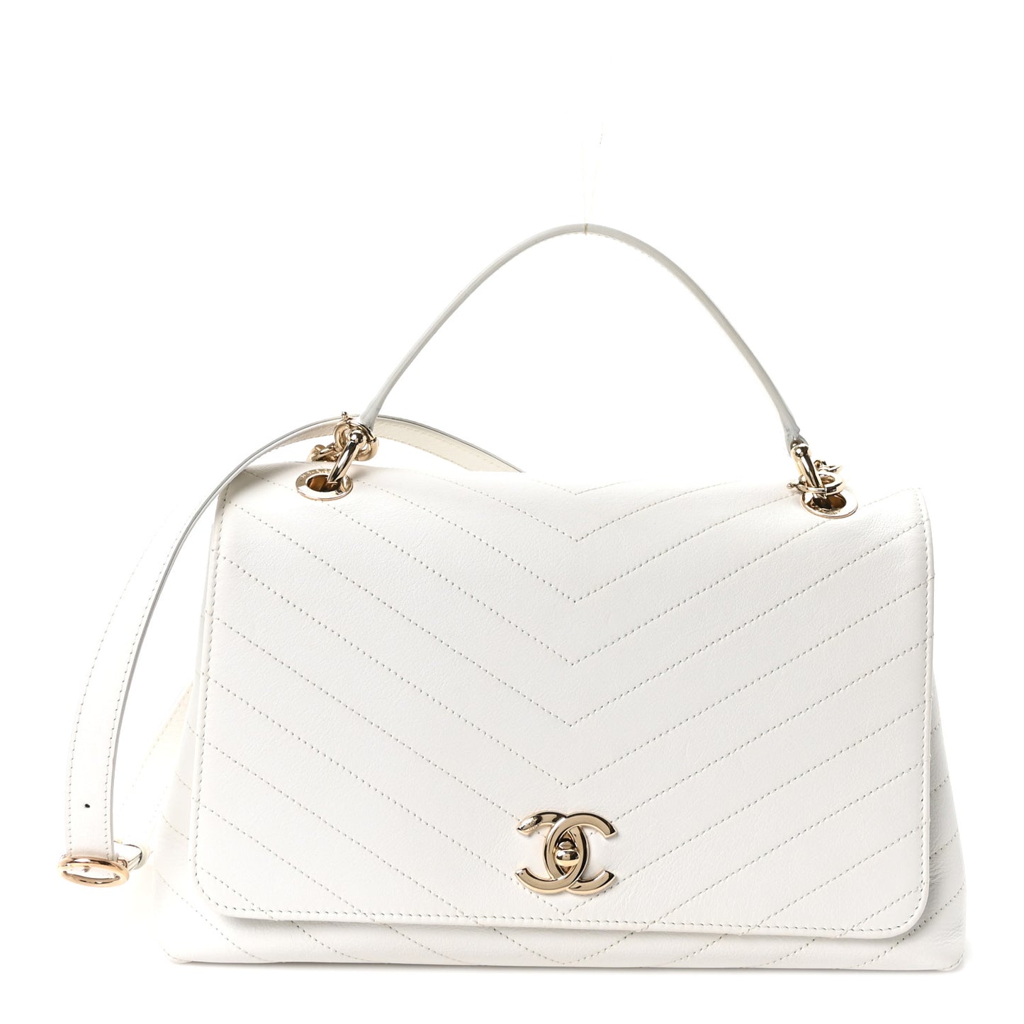 Grained Calfskin Stitched Medium Chevron Chic Top Handle Flap White