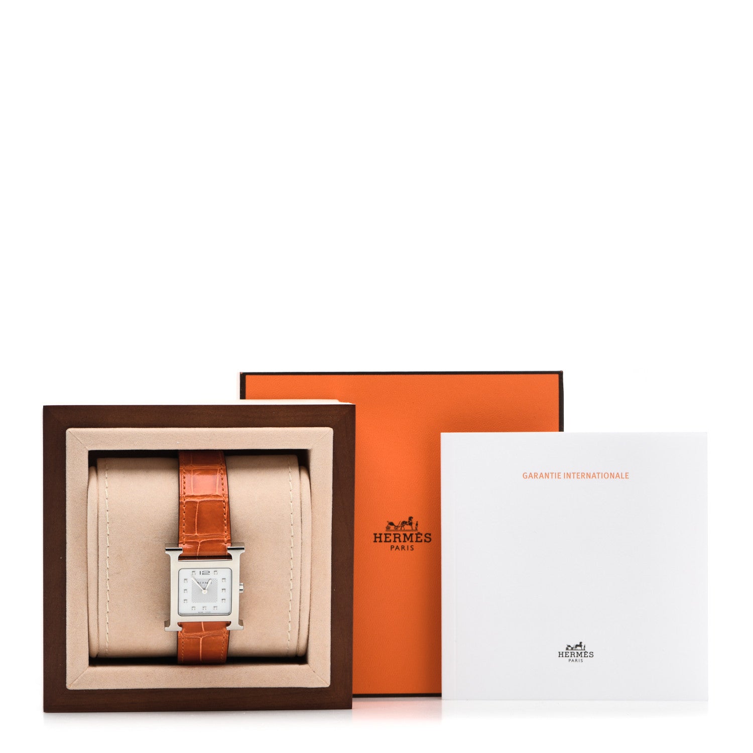 Hermes Stainless Steel Alligator Diamond Mother of Pearl 26mm Heure H Hour Quartz Watch Orange 5 of 5
