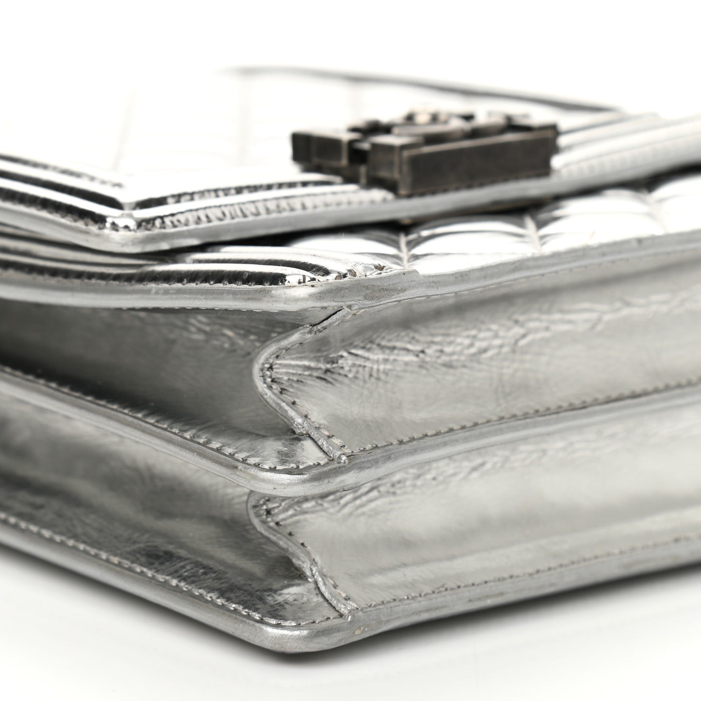 Metallic Goatskin Quilted North South Boy Flap Silver