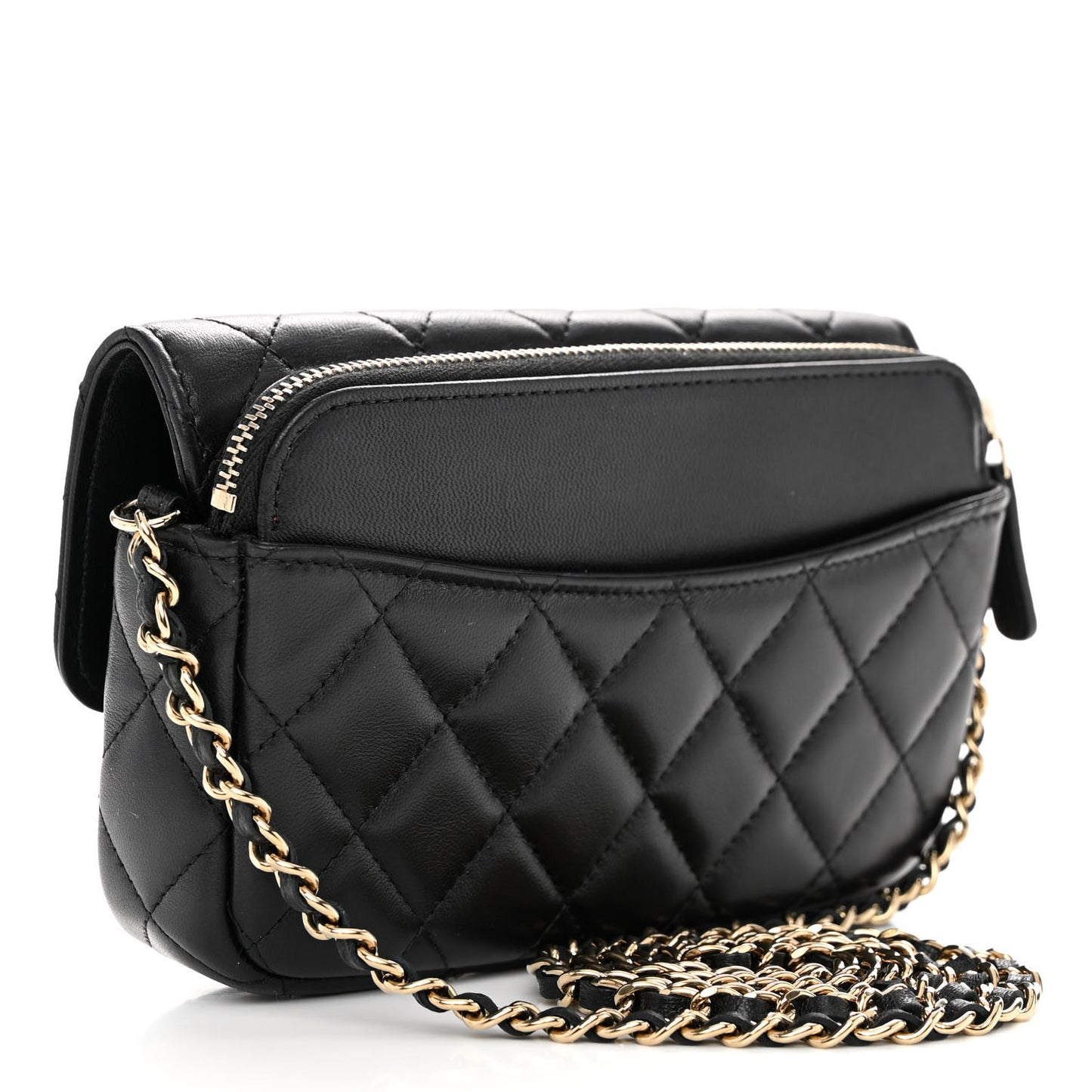 Lambskin Quilted Flap Phone Holder With Chain Black