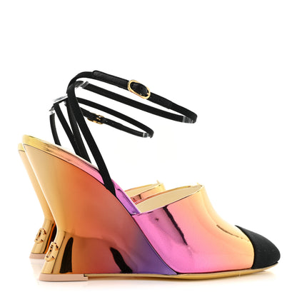 Chanel Laminated Calfskin Grosgrain Cap Toe CC Wedge Pumps 36.5 Pink Orange Yellow Black 5 of 9