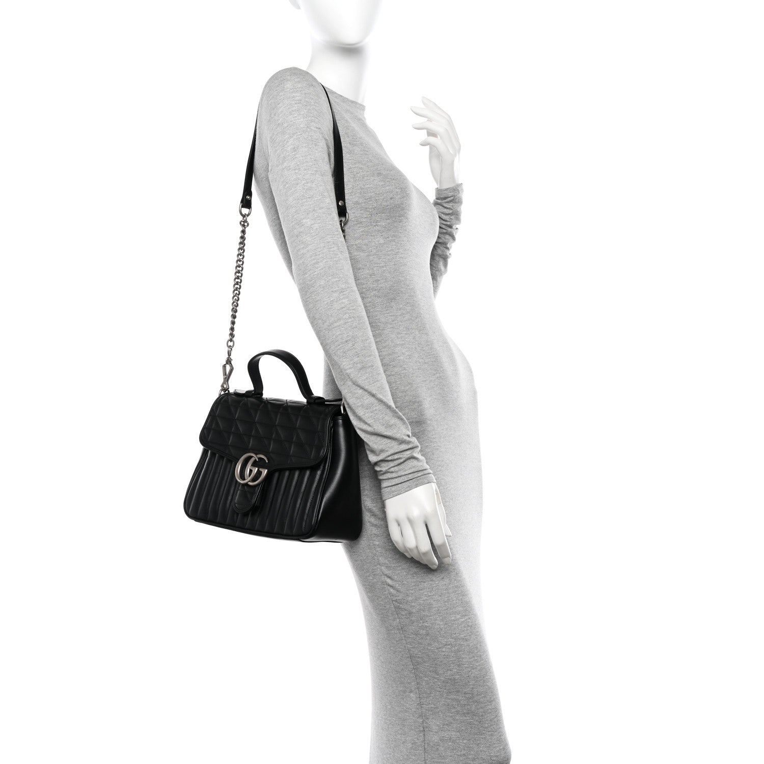 Gucci Calfskin Matelasse Aria Small GG Marmont Top Handle Shoulder Bag Black 2 of 15