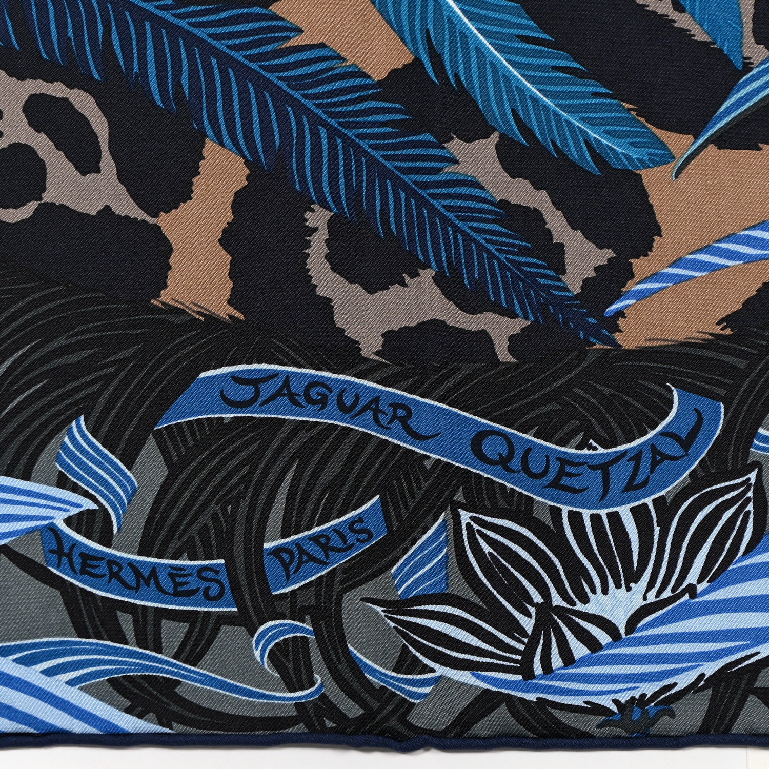 Hermes Silk Jaguar Quetzal Scarf 90 Bleu Jean Camel Marine 2 of 3