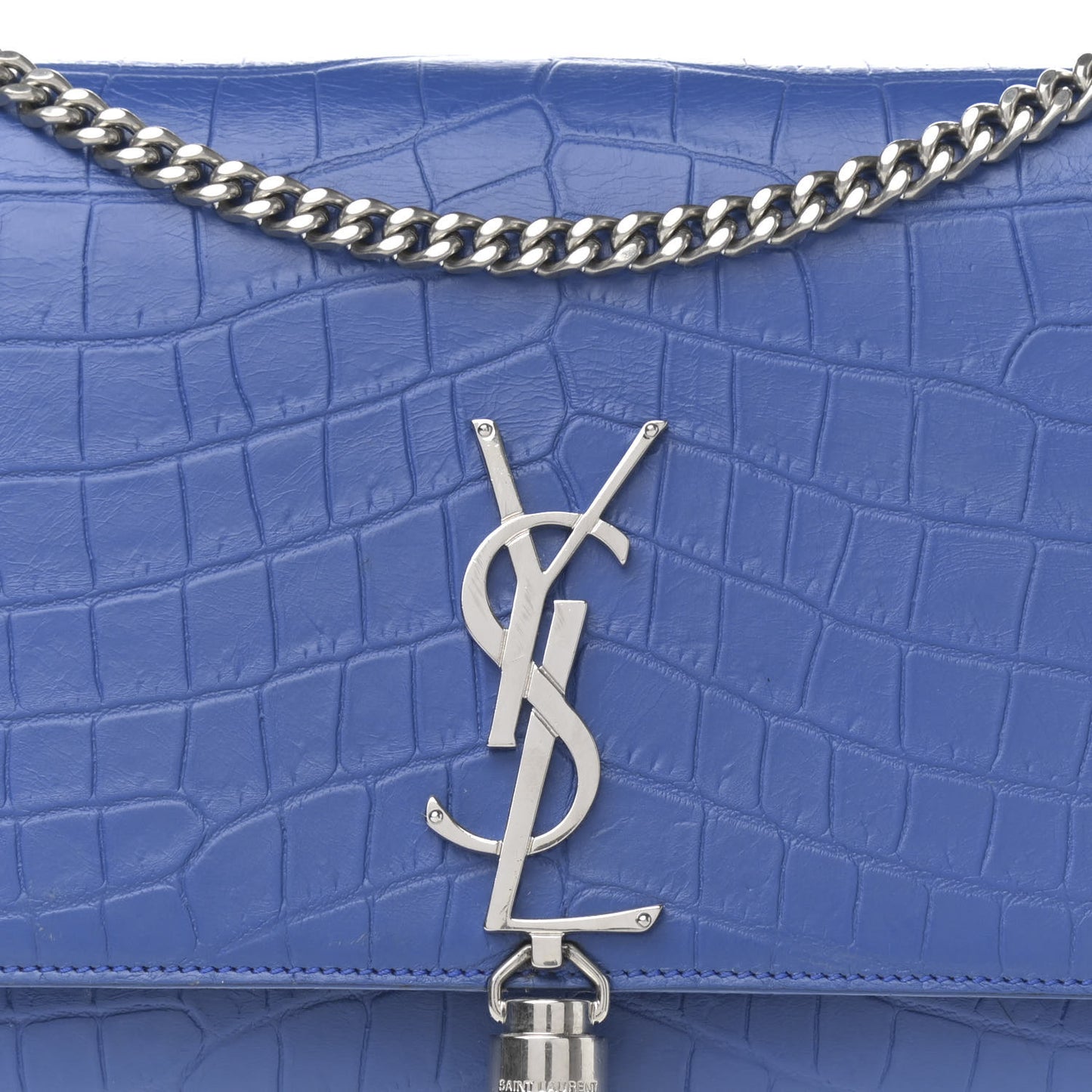 Calfskin Crocodile Embossed Medium Classic Monogram Kate Tassel Satchel Bleu Majorelle