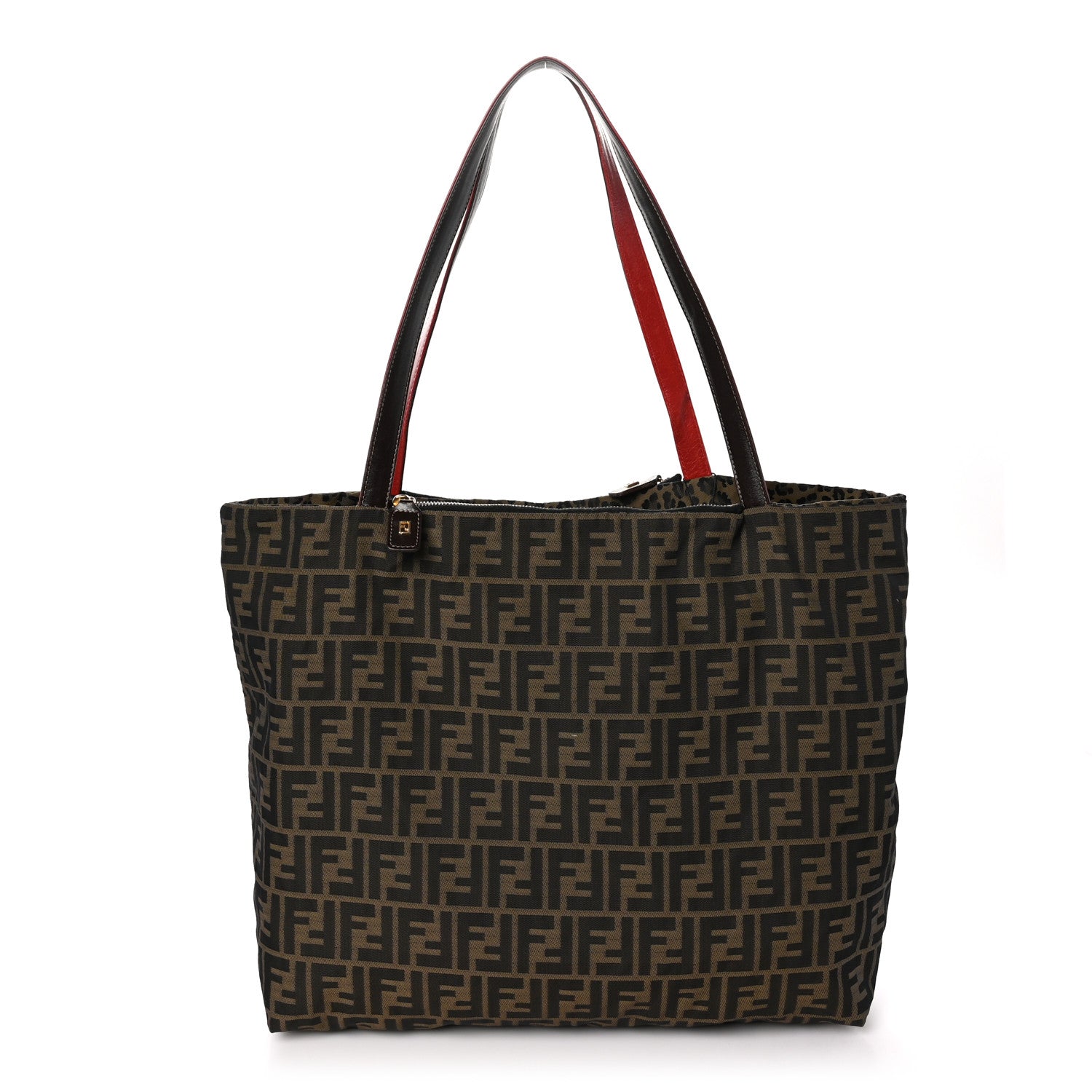 Fendi Zucca Leopard Print Reversible Shopping Tote Tobacco Brown Red 1 of 17