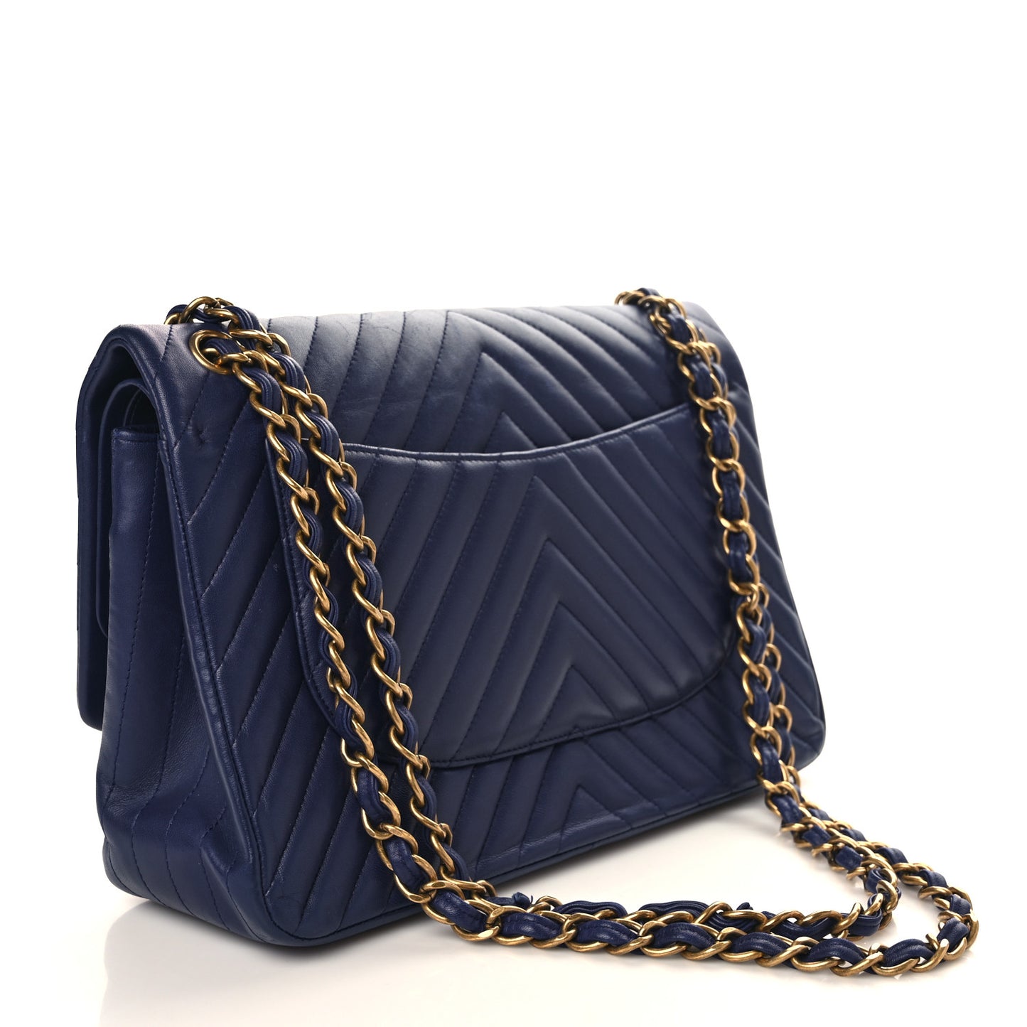 Lambskin Chevron Quilted Jumbo Double Flap Navy Blue