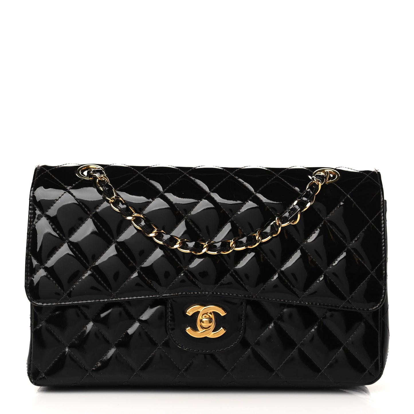 Patent Quilted Medium Double Flap Black