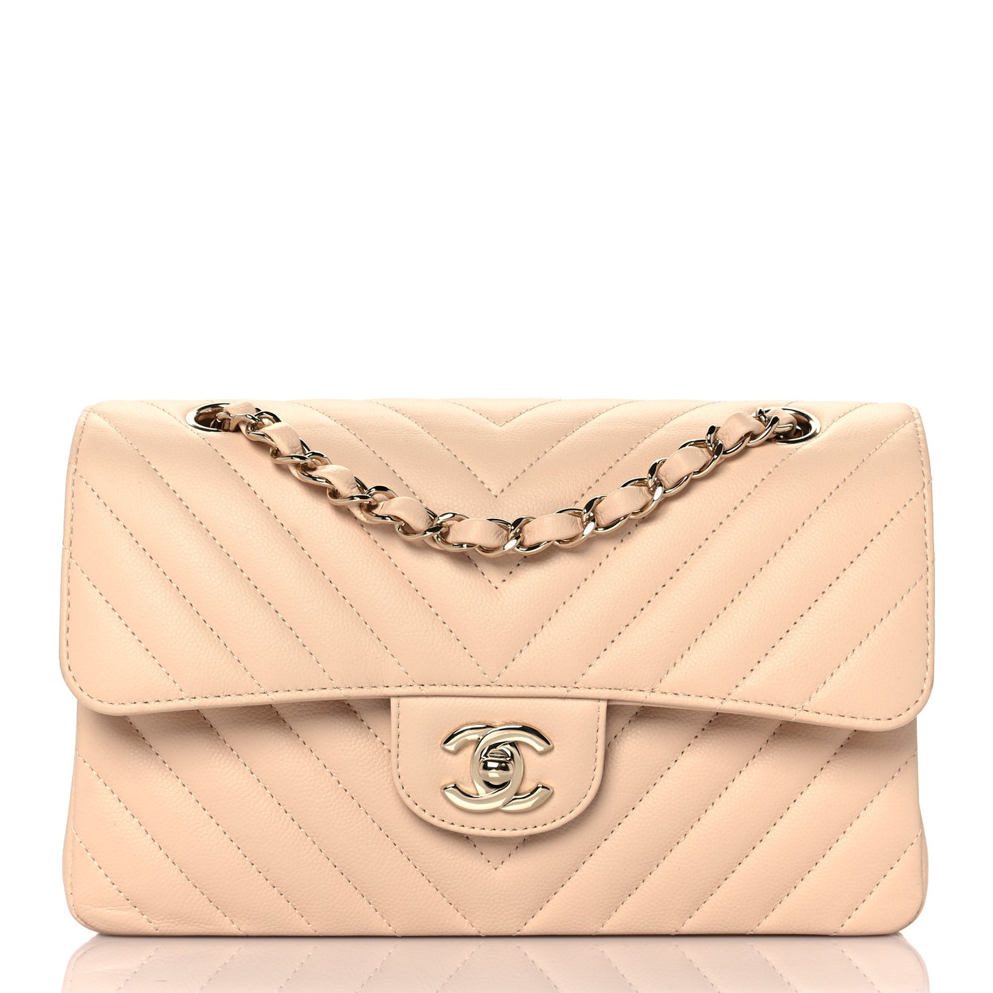 Caviar Chevron Quilted Small Double Flap Beige